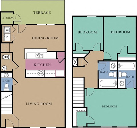 Floor plan for 3 beds, 2.5 baths, 1371 sqft